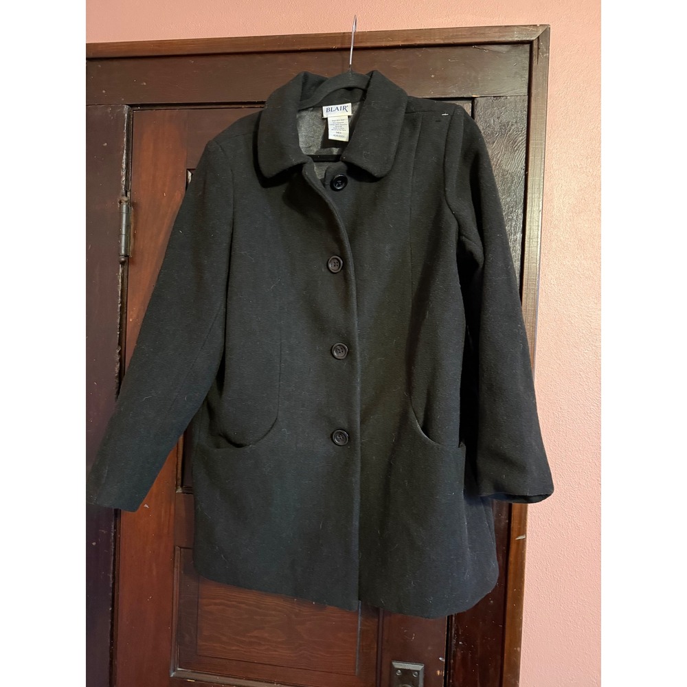 Blair Womens Black Wool Blend Car Coat Button Front Mid Length Jacket Medium